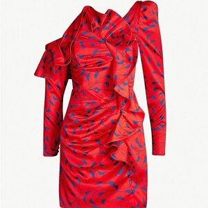 Self-Portrait Vibrant Red and Blue One Shoulder Dress